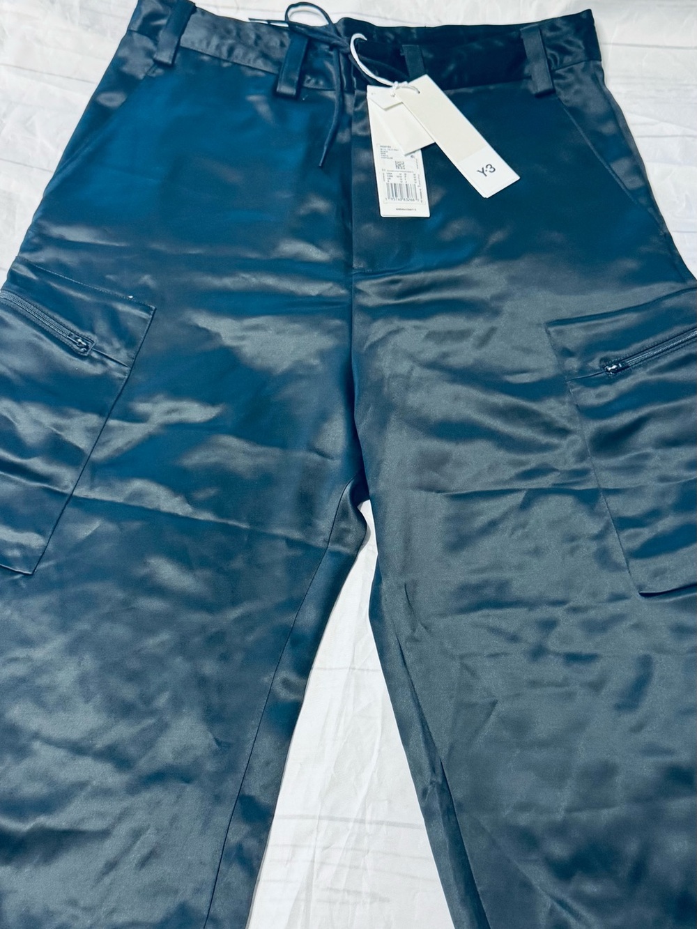 Y-3 Black Satin Cargo Pants with Zip Pocket